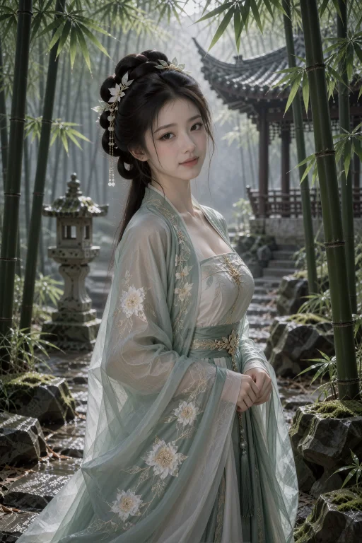 古装，细雨后的竹林石径上，一名年轻中国女子侧身站在翠竹间，双...