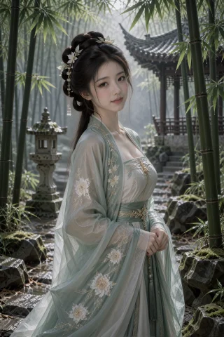 古装，细雨后的竹林石径上，一名年轻中国女子侧身站在翠竹间，双... — Stable Diffusion AI Prompt: 古装，细雨后的竹林石径上，一名年轻中国女子侧身站在翠竹间，双手在腰前轻拢衣袖，头...