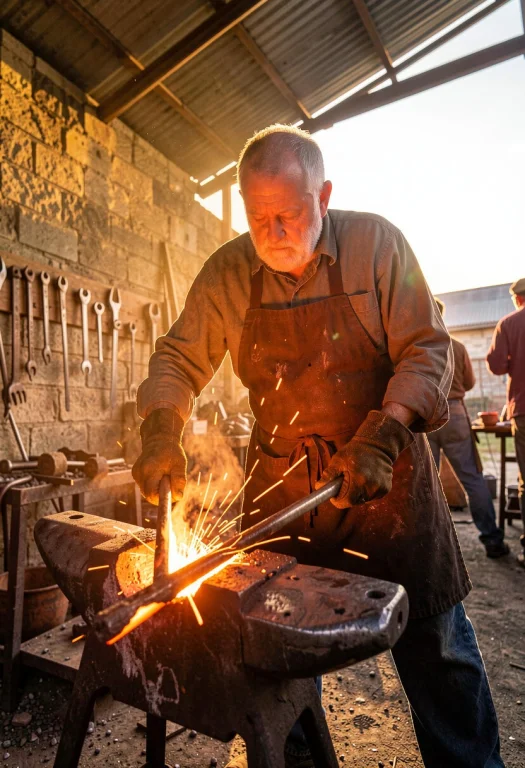 A Blacksmith Working Glowing Iron At The Forge, Photograph,...