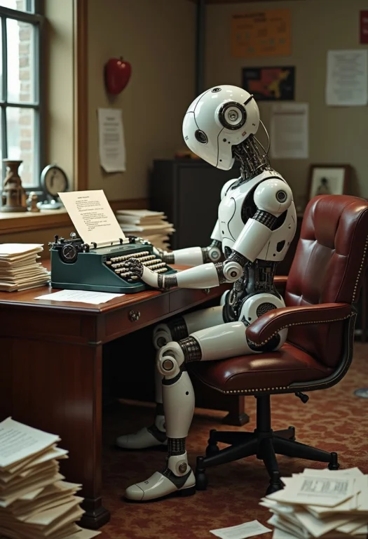 Create An Image Of A Futuristic Robot Sitting At An Antique...
