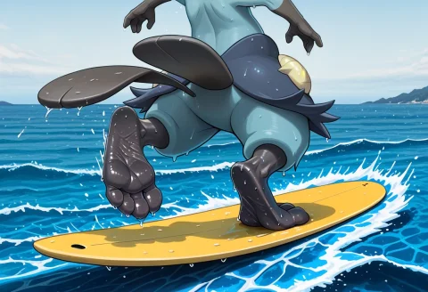Masterpiece Pokemon Surfing Feet — Stable Diffusion AI Prompt: masterpiece, best quality, Dewott_\(Pokemon Black & White\), solo, no humans, bl...