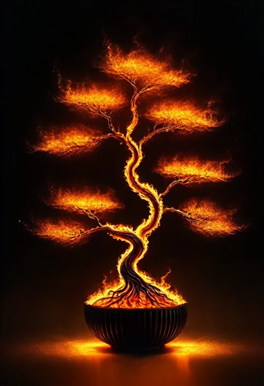 Made Of Fire, Bonsai Tree Figurine Made Out Of Flames, Glowi...