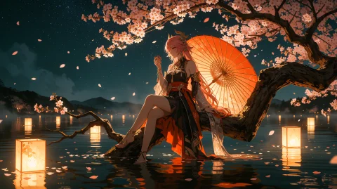 Stable Diffusion Night Scene Prompt — Stable Diffusion AI Prompt: A wide view across a still lake at night shows a woman with long pink hair sitti...