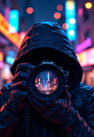 A Mysterious Hooded Photographer Stands In The Heart Of A Ne... — FLUX AI Prompt: A mysterious hooded photographer stands in the heart of a neon-lit city at night...