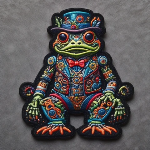 Ral-embroideredpatch, An Cute Anthro Robot Frog Wearing A To... — SDXL AI Prompt: ral-embroideredpatch, an cute anthro robot frog wearing a top hat, full body, on...