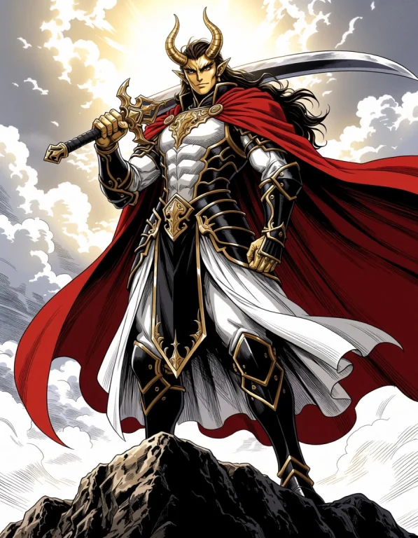 Heroic Manga Fantasy Illustration Of A Horned Warrior With G...