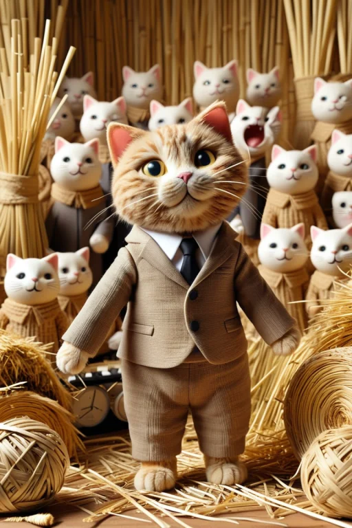 A Cute Cat Wearing A Wide Suit. Center Position, Busy Backgr...