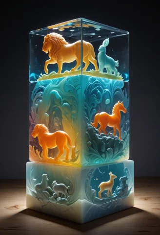 Colorful Translucent Mable Cube Stack,carved With Animals, L... — SDXL AI Prompt: colorful translucent mable cube stack,carved with animals, lion,horse, rabbit,bi...