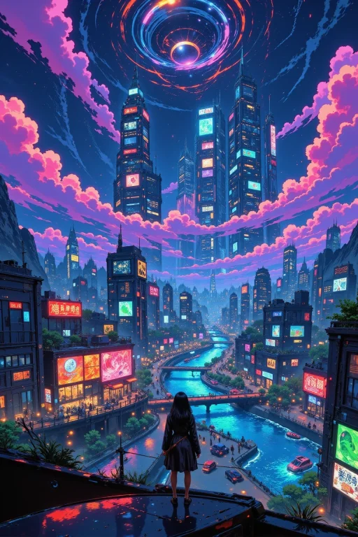 Alien City Beautiful Cyberpunk Landscape, Cloudy Sky, Woman,...