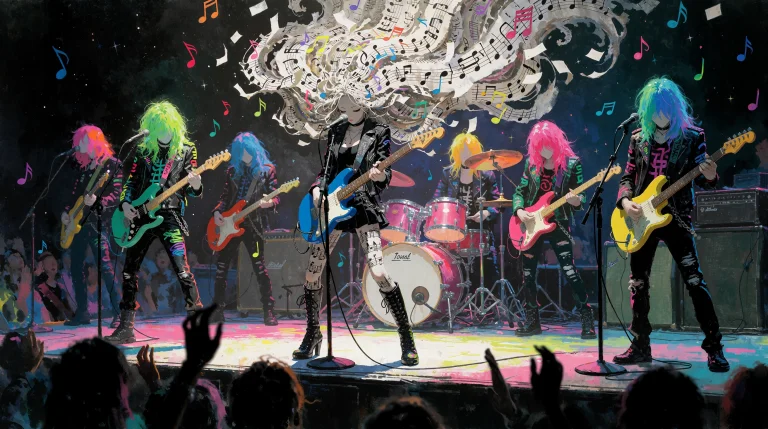 A Female Music-sheet Elemental Rock Musician, Black Skin Mar...