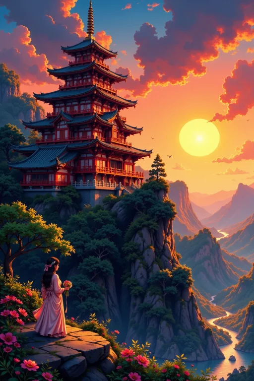 An Oriental Mansion Beautiful Anime Landscape, Sunset, Woman...