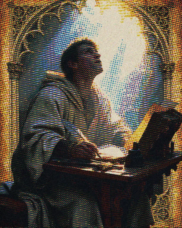 M1v8 A Medieval Scholar Robed In Linen Sits At A Narrow Wood...