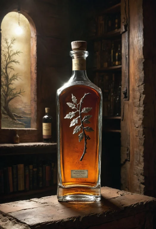Realistic Photo Of A Ancient Bottle1.1, Oak Wood Shelves, Re...