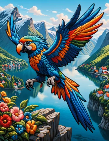 A Blue Parrot Flying Over A Norwegian Fjord Ral-embroideredp... — SDXL AI Prompt: a blue parrot flying over a Norwegian fjord ral-embroideredpatch, lazypos, > 