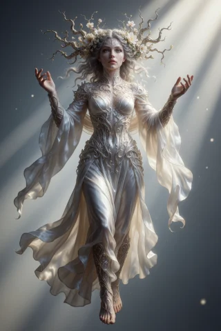 A Figure Floats Ethereally, Its Form Feminine Yet Otherworld... — Stable Diffusion AI Prompt: A figure floats ethereally, its form feminine yet otherworldly, shimmering with...