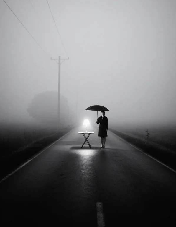 Black-and-white Austere Realist Photograph, Deserted Rural R...
