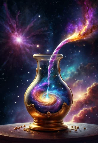 Highly Detailed Image Of A Magical Potion Bottle Pouring A G... — SDXL AI Prompt: highly detailed image of a magical potion bottle pouring a galaxy into space, de...