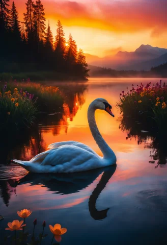 Vibrant Sunset Over A Serene Lake With Misty Mountains In Th... — SDXL AI Prompt: Vibrant sunset over a serene lake with misty mountains in the background. A maje...