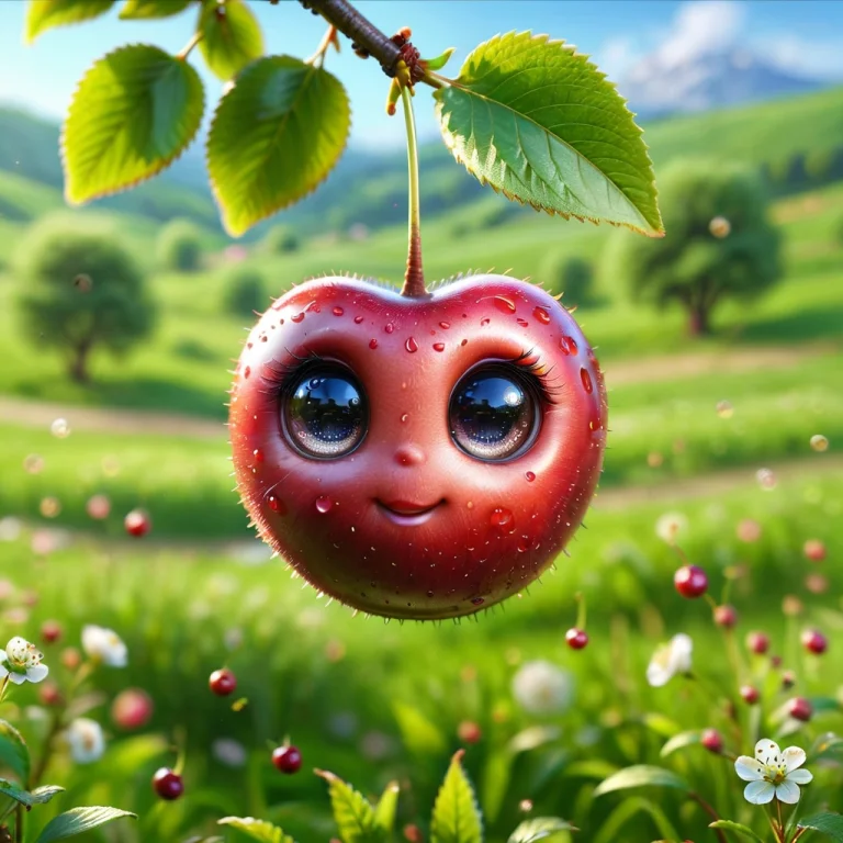 Pam-swtvrld Happy Cherry Hanging On A Tree,meadow Background...