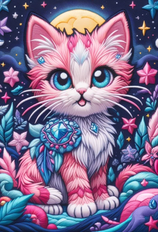 Ral-embroideredpatch, Cute Pink And Blue Cat As Patch Style,...