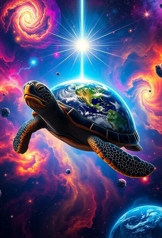 A Colossal, Ancient Cosmic Turtle Floating In A Vibrant, Col...