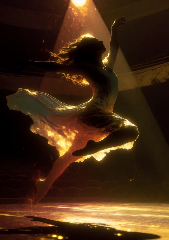 A Dancer In Mid-leap On An Empty Theatre Stage, One Spotligh...