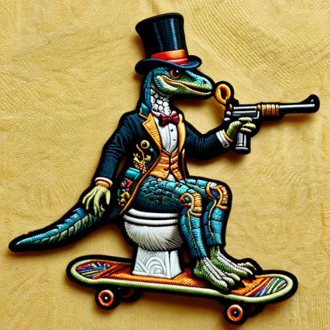 Ral-embroideredpatch, A Velociraptor In An Ornate Suit And T... — SDXL AI Prompt: ral-embroideredpatch, a velociraptor in an ornate suit and top hat perched on a...