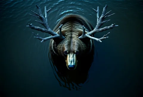 High Quality, Detailed, A Bear Crowned With Antlers Of Drift... — Stable Diffusion AI Prompt: high quality, detailed, a bear crowned with antlers of driftwood, cold moonlit t...