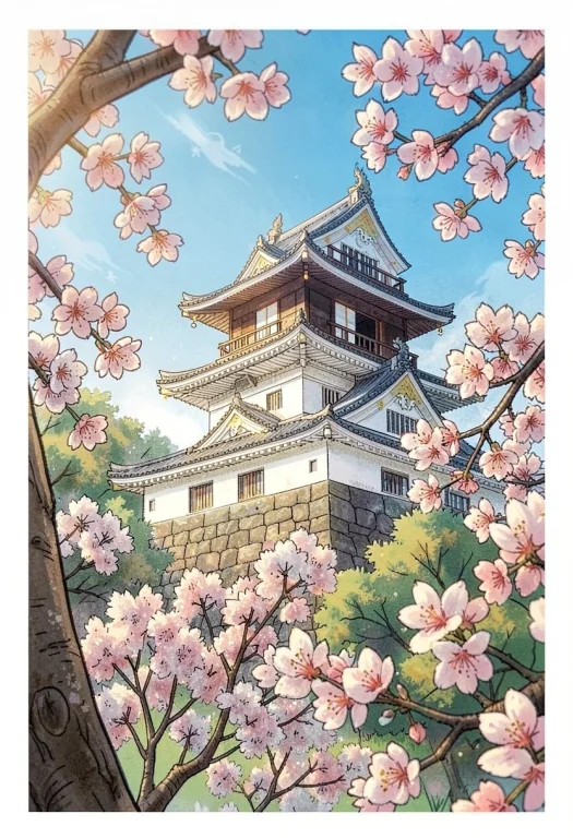 A Japanese Castle Framed By Cherry Blossoms, Childrens Book...
