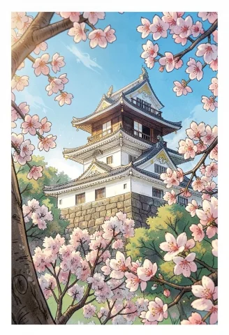 A Japanese Castle Framed By Cherry Blossoms, Childrens Book... — Stable Diffusion AI Prompt: a Japanese castle framed by cherry blossoms, children's book illustration, soft...