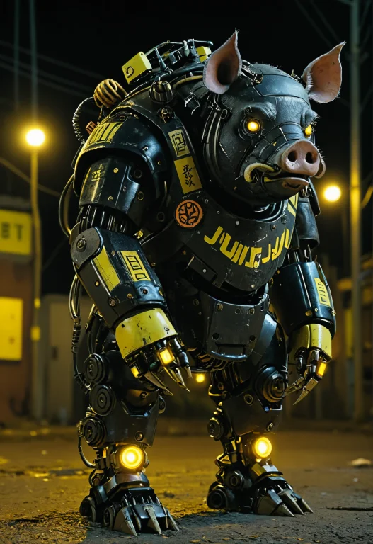 Black Pig Robot, At Night, Frontal View, Yellow Glow In The...