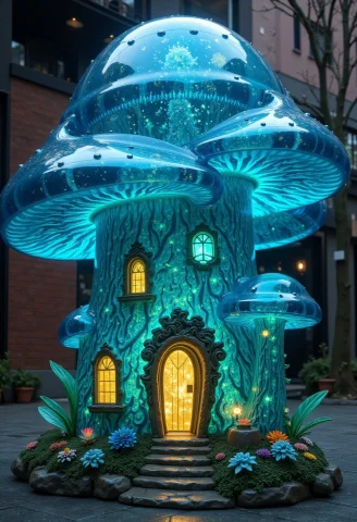 A Vibrant Image Of A Giant Mushroom House S Glass Structure,... — FLUX AI Prompt: A vibrant image of a giant mushroom house s glass structure, expertly crafted w...