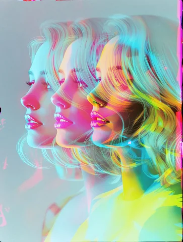 A Striking Multiple Exposure Portrait Combines Three Precise... — FLUX AI Prompt: A striking multiple exposure portrait combines three precisely aligned frames of...
