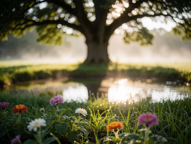 An Ancient Oak Tree, Surrounded By A Small Pond With Crystal...