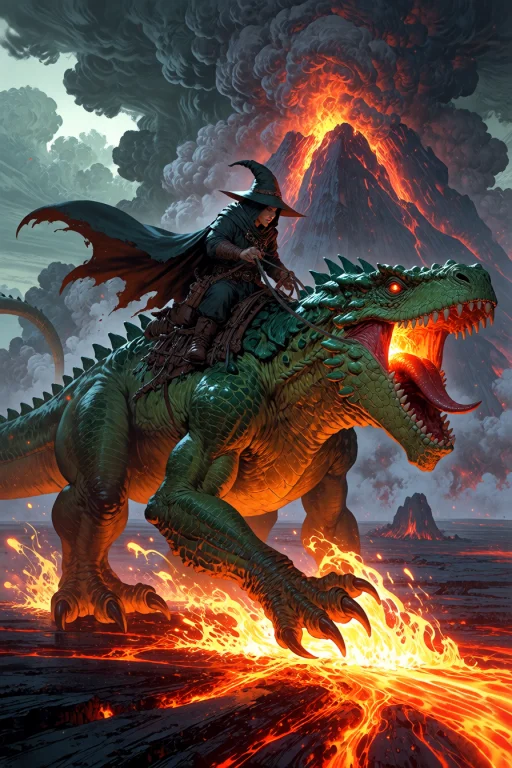 , Wizard Riding A Giant Fire-breathing Lizard Across A Volca...