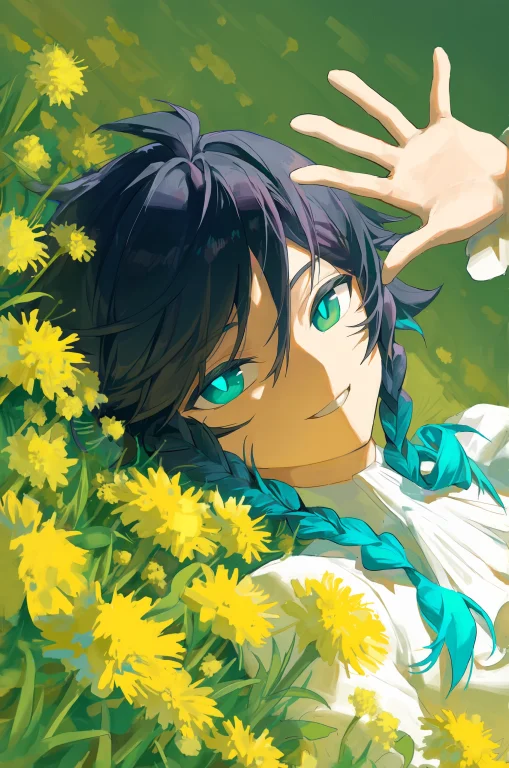 1boy, Venti Genshin Impact, Dutch Angle, Lying, Outdoors, Lo...