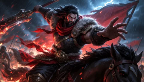 A Fierce And Muscular Male Warrior With Long Dark Hair, A Th... — Stable Diffusion AI Prompt: A fierce and muscular male warrior with long dark hair, a thick beard, and glowi...