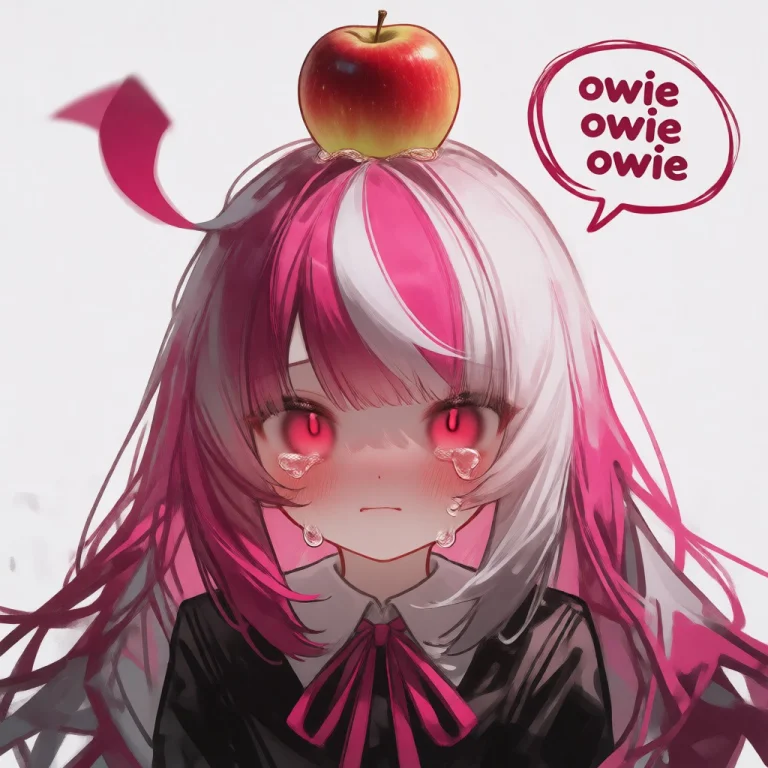 A Girl With Pink And White Hair Crying While An Apple Is On...
