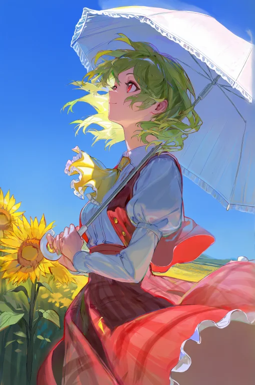 1girl, Kazami Yuuka, Outdoors, Blue Sky, Yellow Ascot, Field...