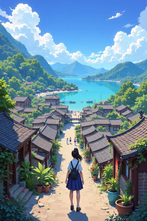 Chinese Town Beautiful Landscape, Bright Sunny Sky, Woman, V...