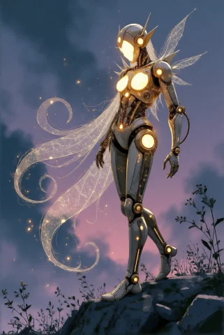 Vectorpaintdaal, An Elven Cyborg Stands Atop A Misty Hill Du... — Stable Diffusion AI Prompt: VectorPaintDaal, An elven cyborg stands atop a misty hill during the blue hour,...