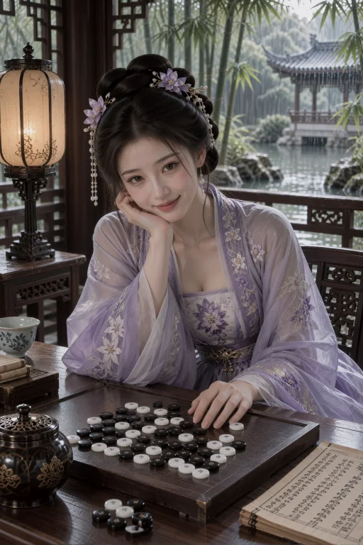雨后的临水棋桌旁，一名年轻中国女子侧坐并向镜头俯身，右肘支在...