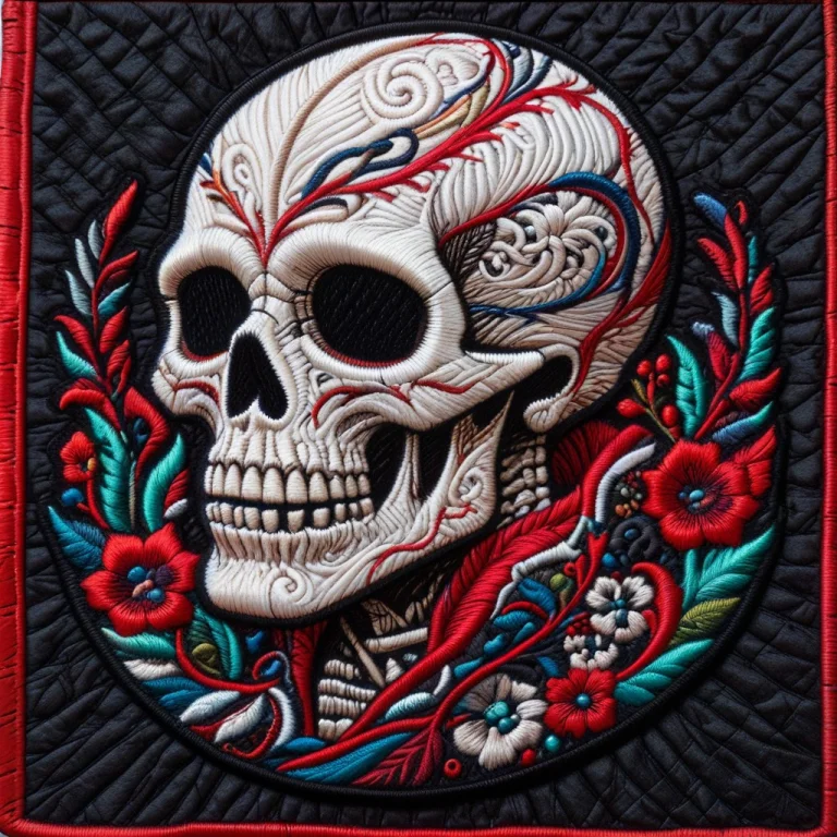 A Stylized Skull Rendered As An Embroidered Patch, Visible S...