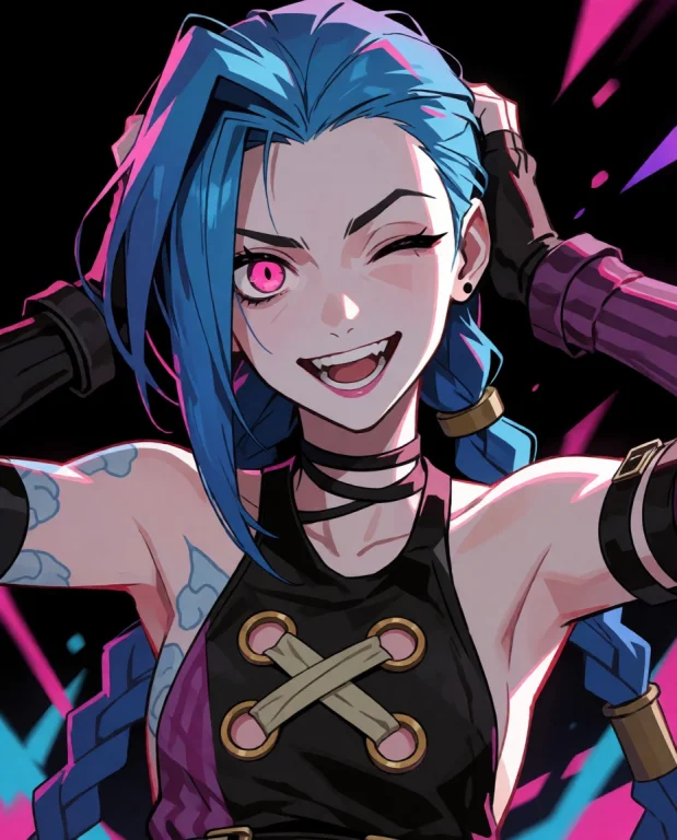 Cinematic Shot Of Jinx, Pulling Own Braid, Winking, Manic, W...
