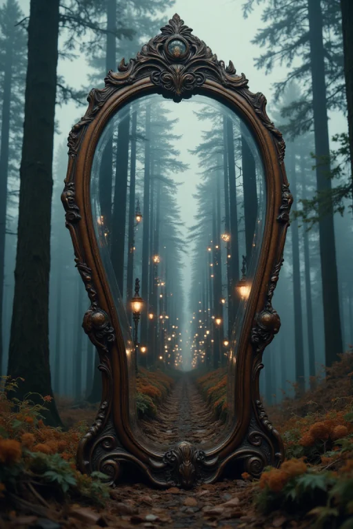 A Freestanding, Antique Mirror Sits In A Dense, Foggy Forest...