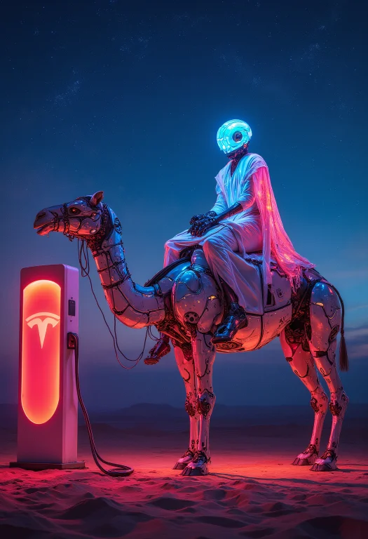 An Illuminated Tesla Robot Wearing Traditional Egyptian Clot...
