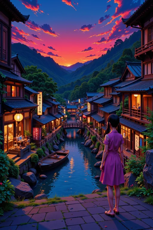 Izakaya Beautiful Landscape, Dusk, Woman, Very Intricate, Ve...