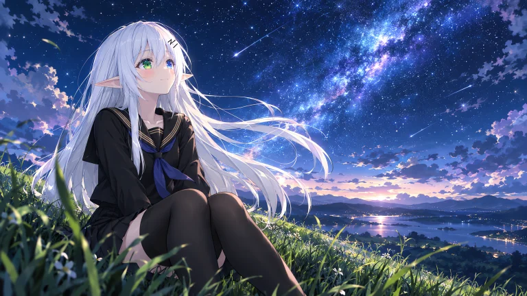 1girl, Elf, Long White Hair, Heterochromia Left Eye Green, R...