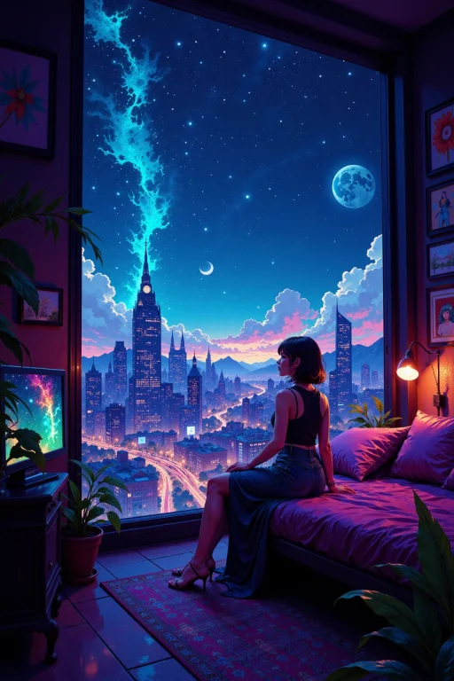 A Cyberpunk Room Beautiful Anime Landscape, Bright Luminous...