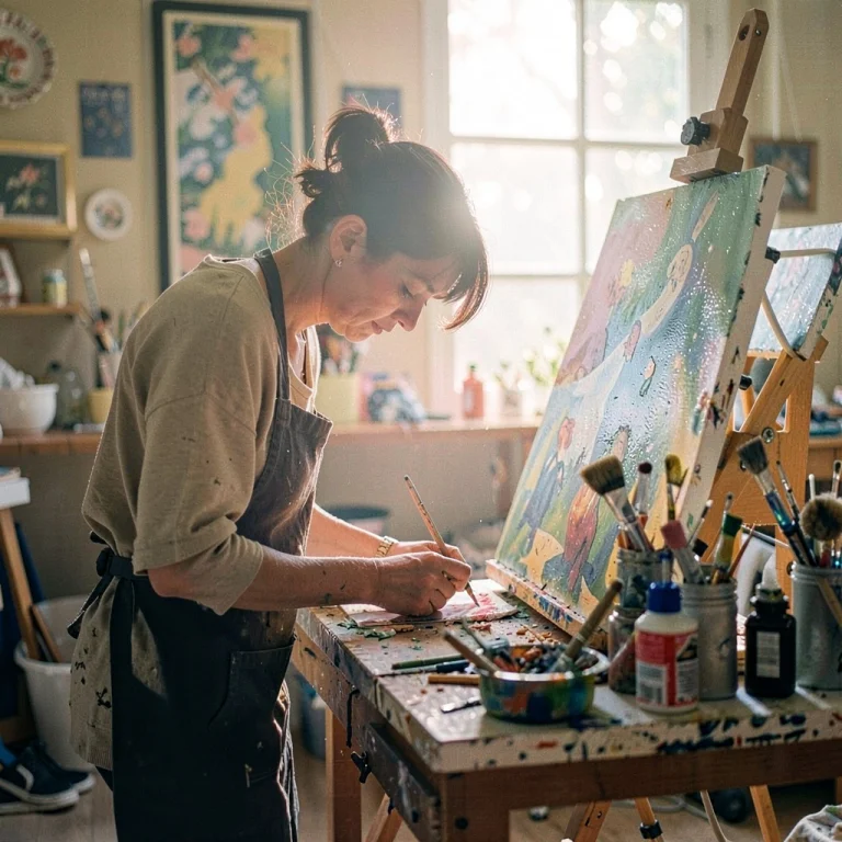 A Painter Absorbed In Work In A Sunlit Atelier, Raw Photo, F...